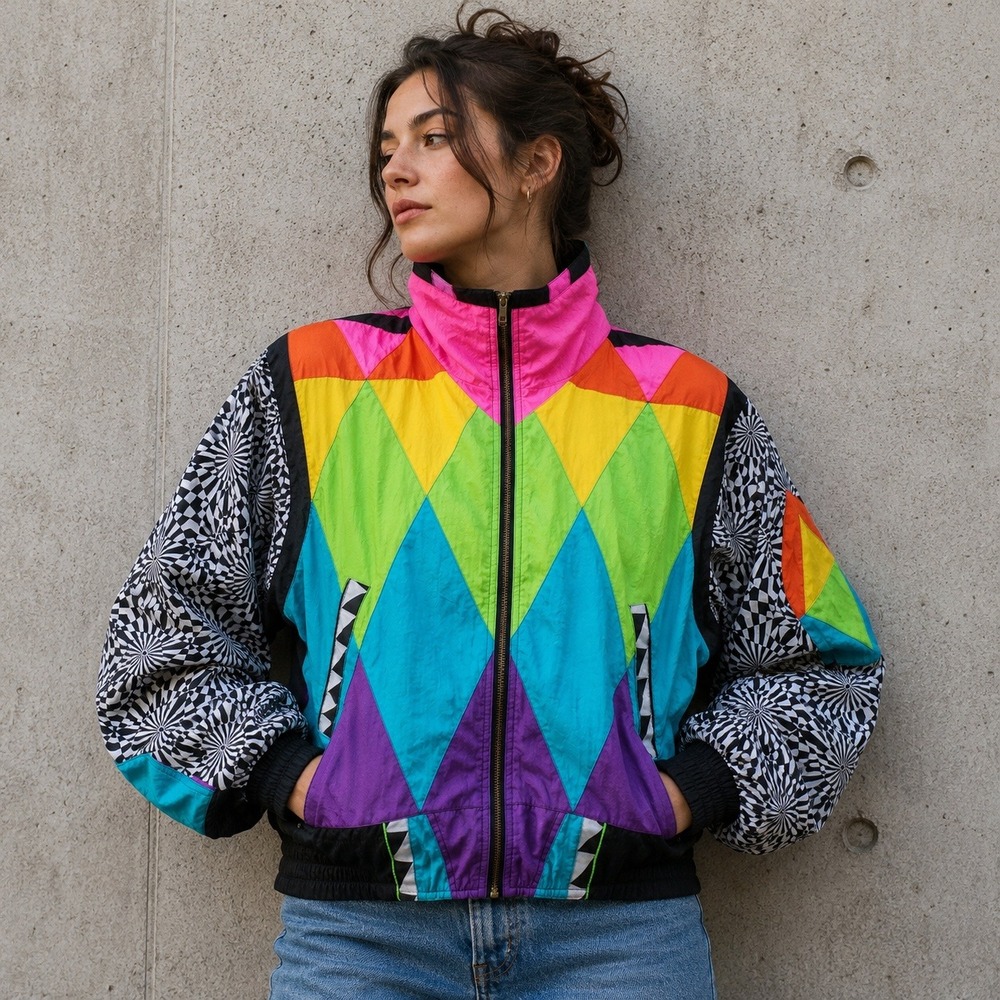 Giacca Sport VTG Windbreaker Jacket Women's S Colorblock Geometric 80s Trippy - Picture 3 of 12